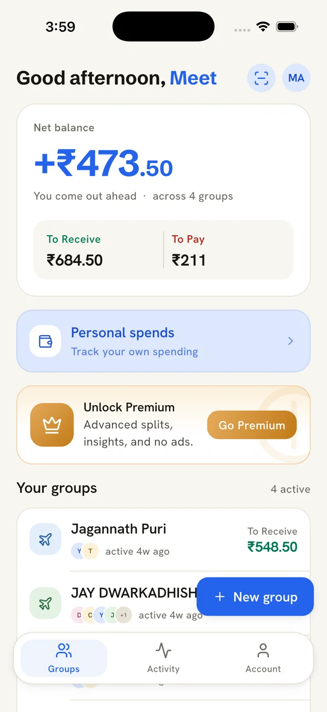 Split Today home screen: net balance across your groups