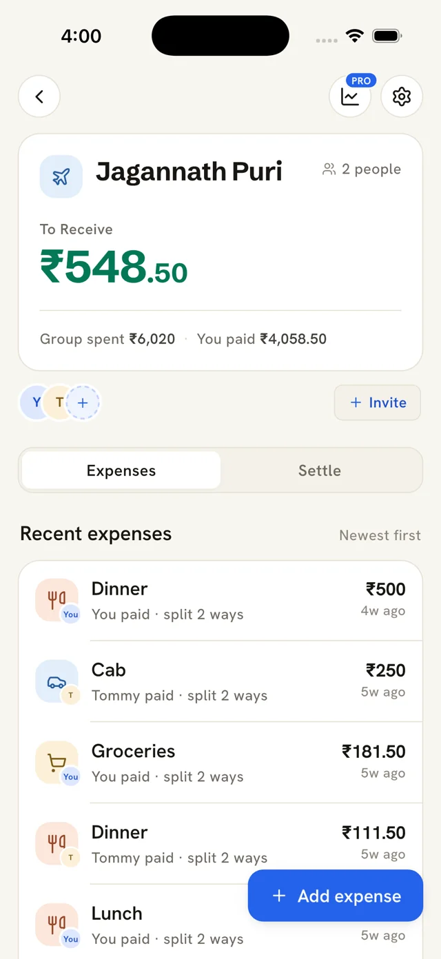 A trip group's expense feed with split details