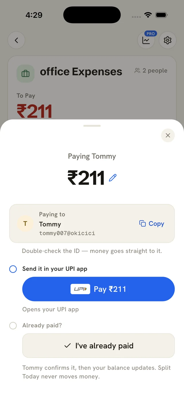 Settle up sheet: you pay Tommy, they confirm