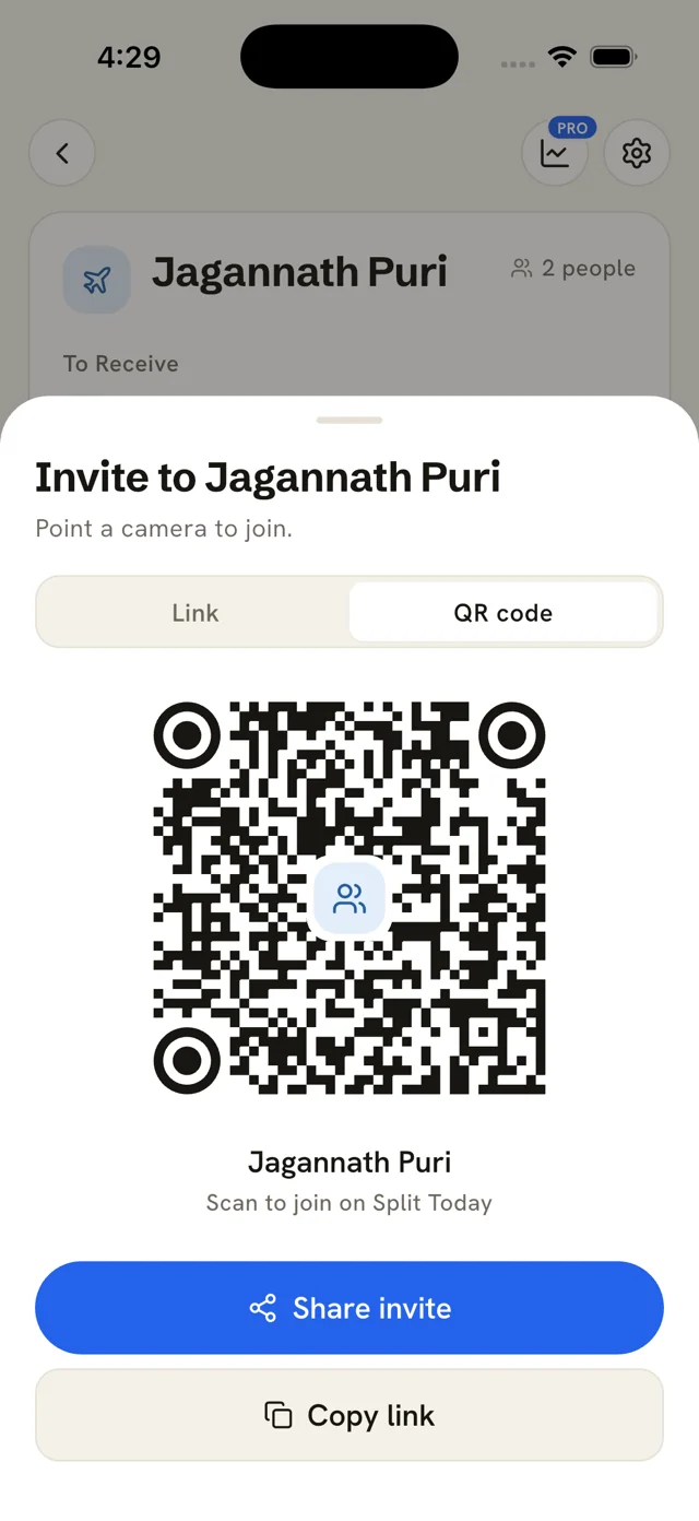Invite sheet with link and QR code to join a group