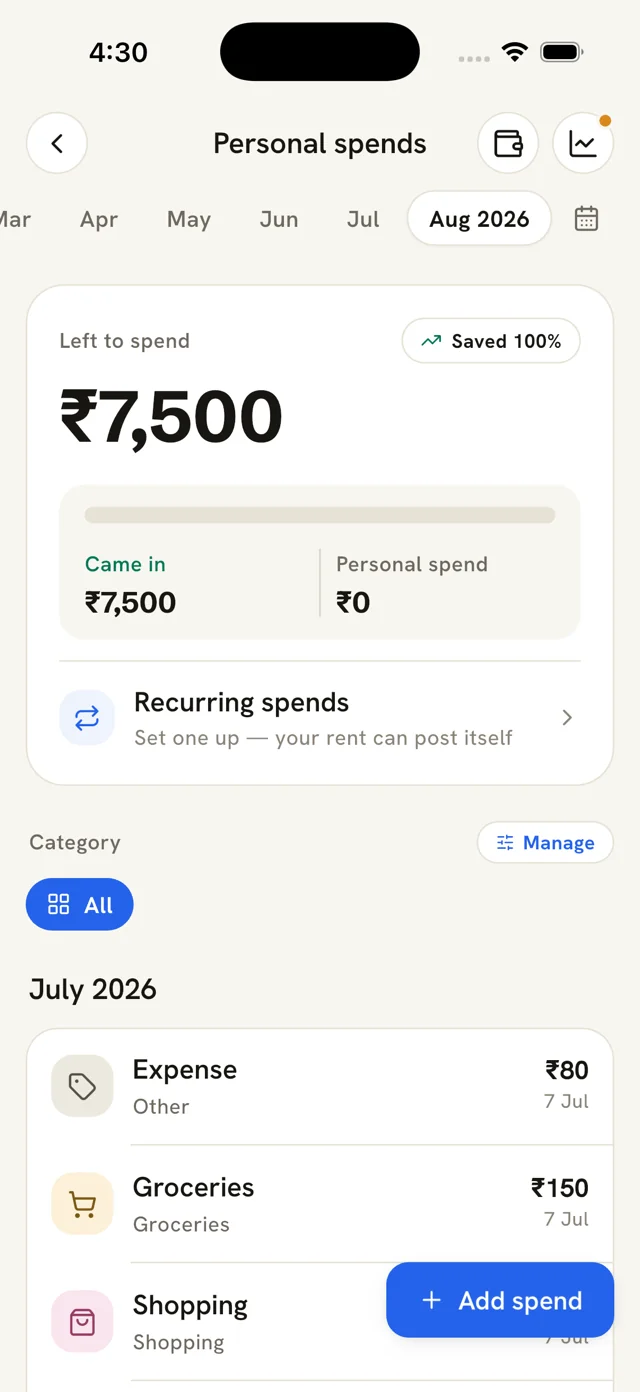 Personal spends: private monthly expense tracker